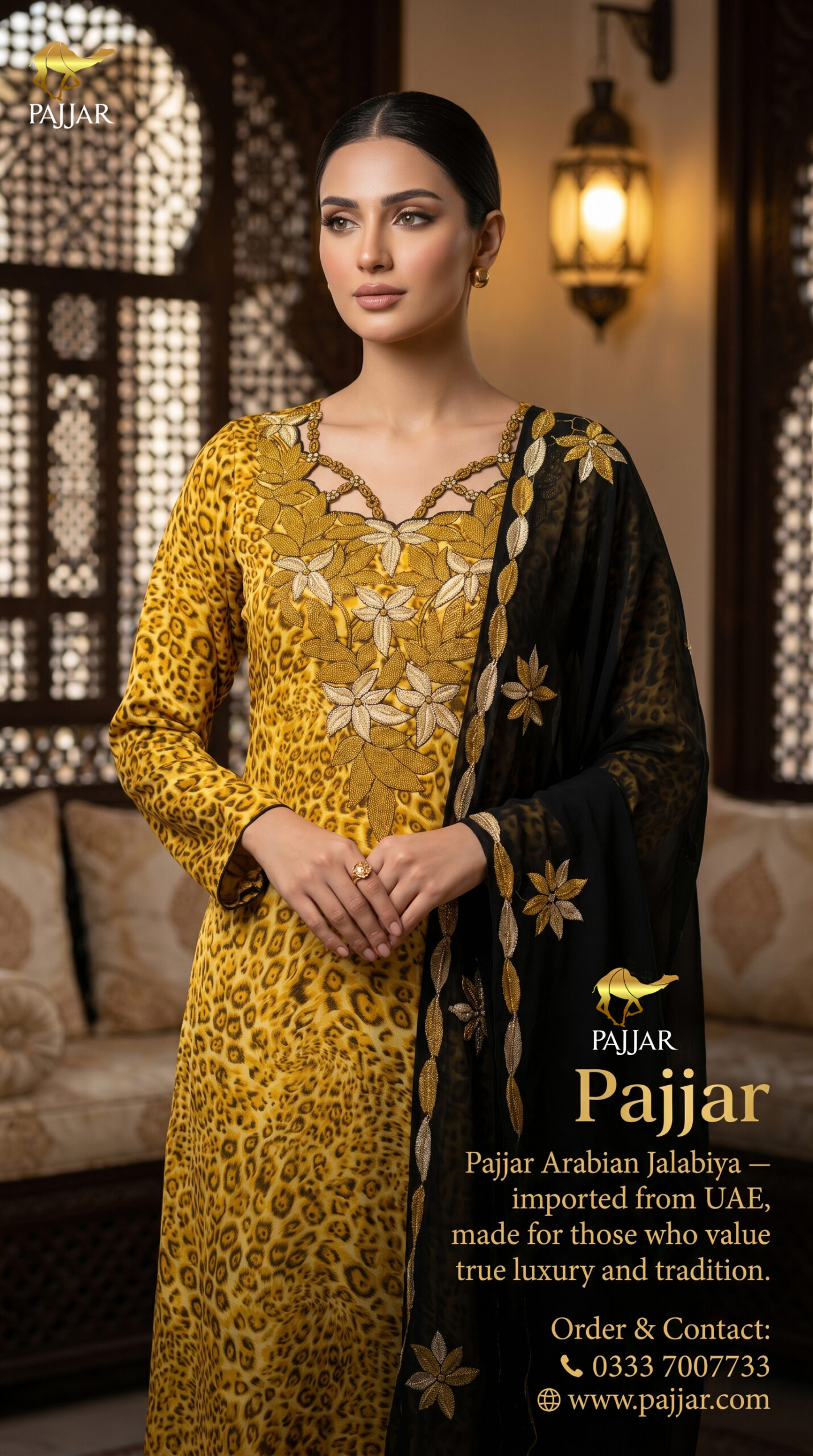 Golden Yellow Embroidered Arabian Jalabiya