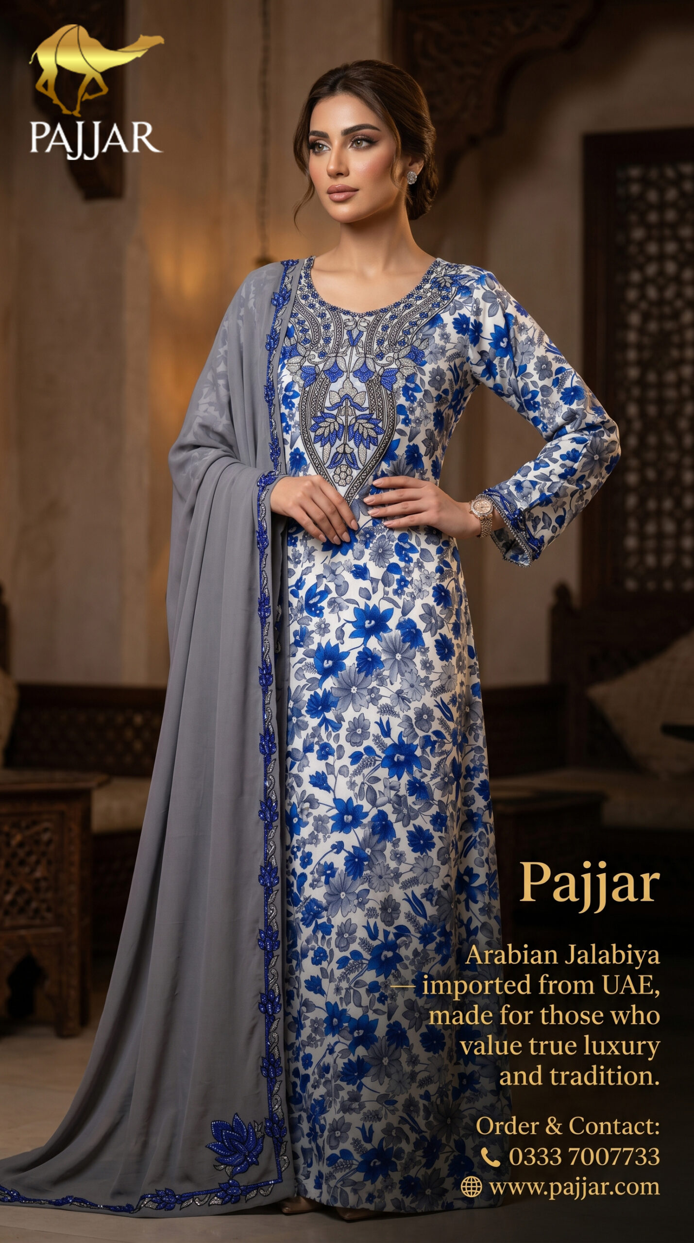 Royal Blue Floral Arabian Jalabiya